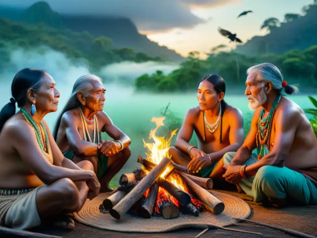 Un grupo de ancianos indígenas comparte historias junto al fuego en la selva amazónica