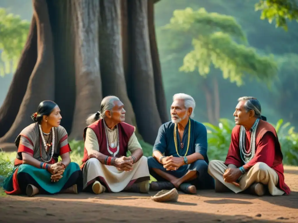 Un grupo de ancianos indígenas en discusión bajo un árbol centenario