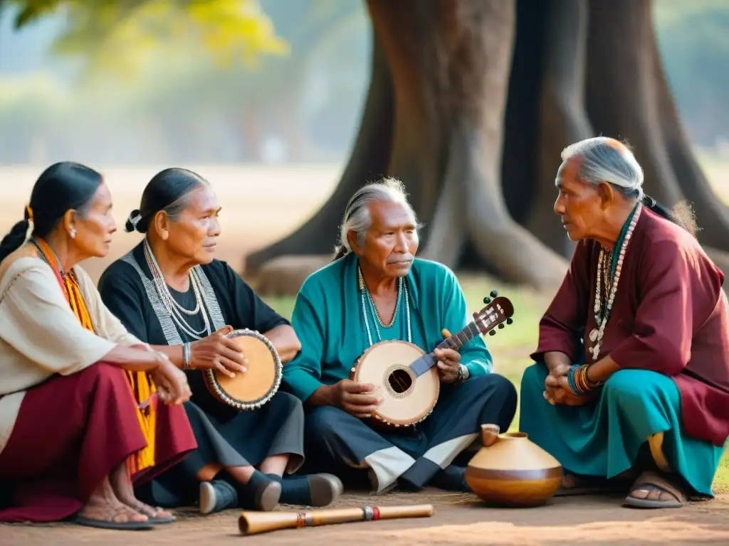 Conversación sabia: ancianos indígenas compartiendo tradiciones Grupo de ancianos indígenas debatiendo bajo un árbol, resaltando la importancia de preservar lenguas indígenas en campañas