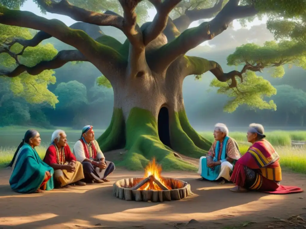 Un grupo de ancianos indígenas conversa bajo un árbol, vistiendo atuendos tradicionales coloridos que resaltan su herencia cultural