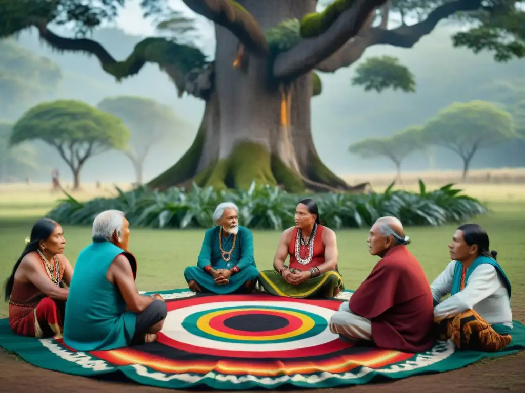 Un grupo de ancianos indígenas se reúnen bajo un árbol, vistiendo atuendos tradicionales detallados, en un bosque exuberante