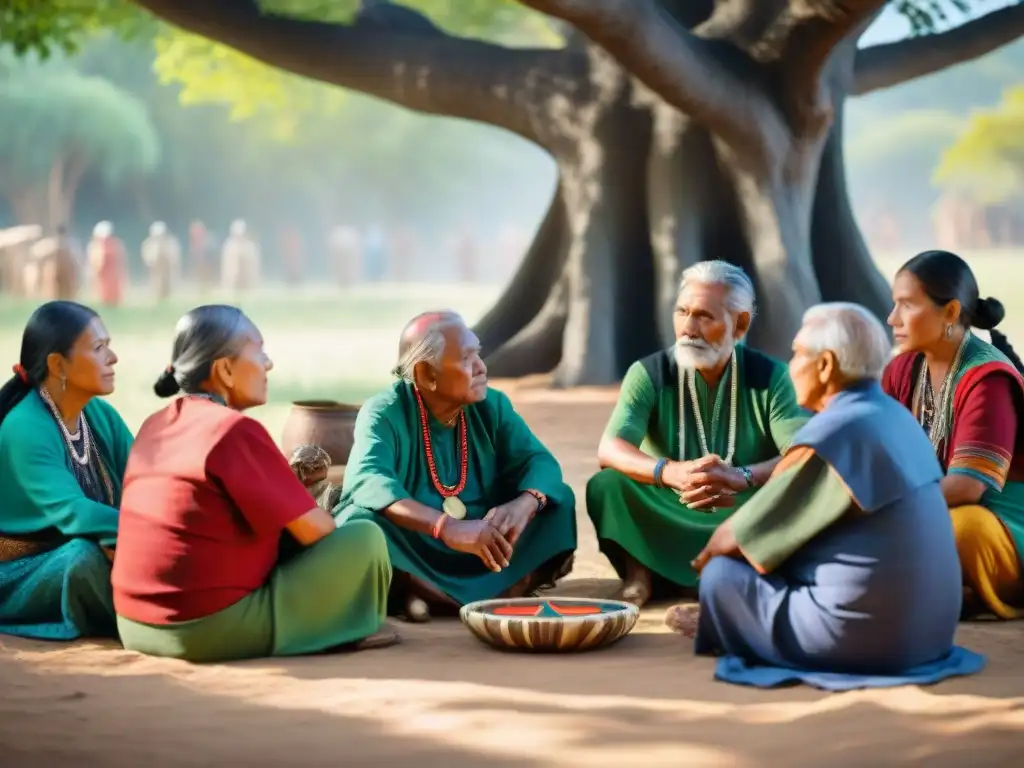 Grupo de ancianos indígenas discutiendo bajo un árbol, preservación derechos lingüísticos indígenas