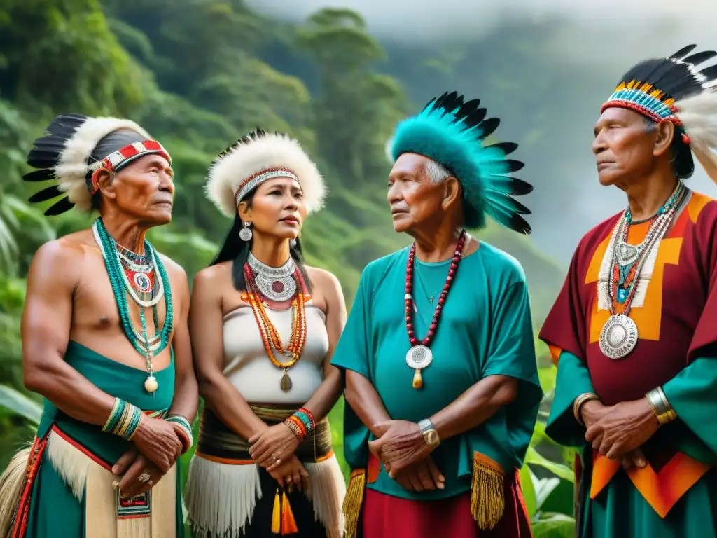 Un grupo de ancianos indígenas, ataviados con coloridos accesorios ceremoniales, simbolizan la riqueza espiritual de su cultura