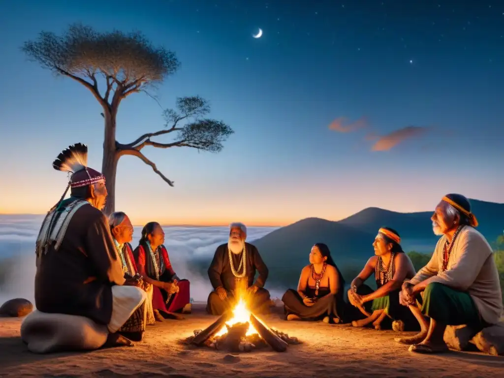 Grupo de ancianos indígenas en atuendo tradicional alrededor de una fogata bajo un cielo estrellado