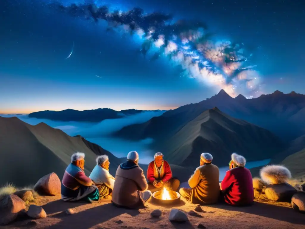 Un grupo de ancianos indígenas en atuendos andinos tradicionales señalando constelaciones bajo un cielo estrellado en los Andes