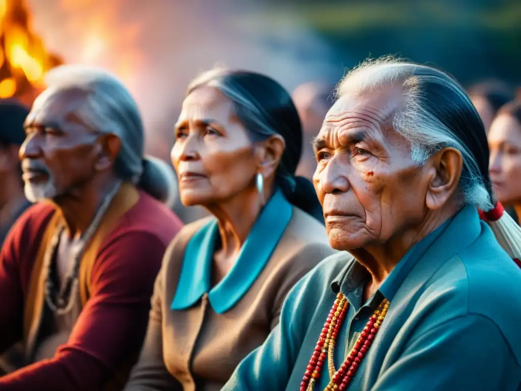 Grupo de ancianos indígenas cantando canciones de resistencia alrededor de fogata