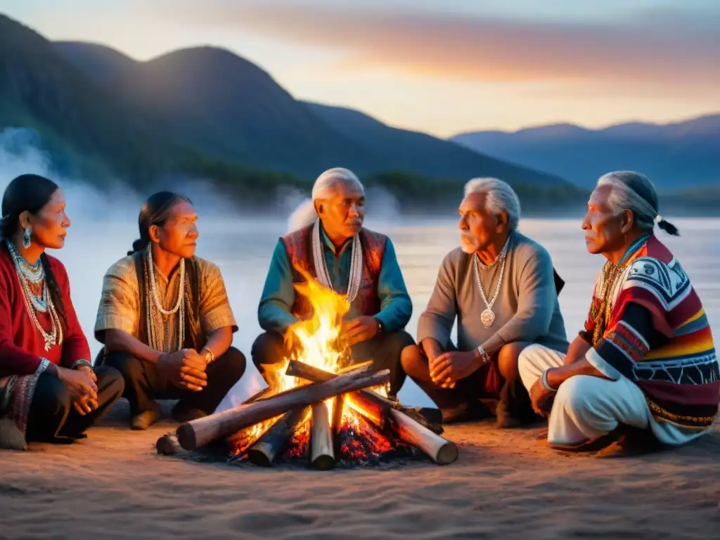 Grupo de ancianos indígenas en ceremonia alrededor de fogata, resistencia pueblos indígenas cambio climático