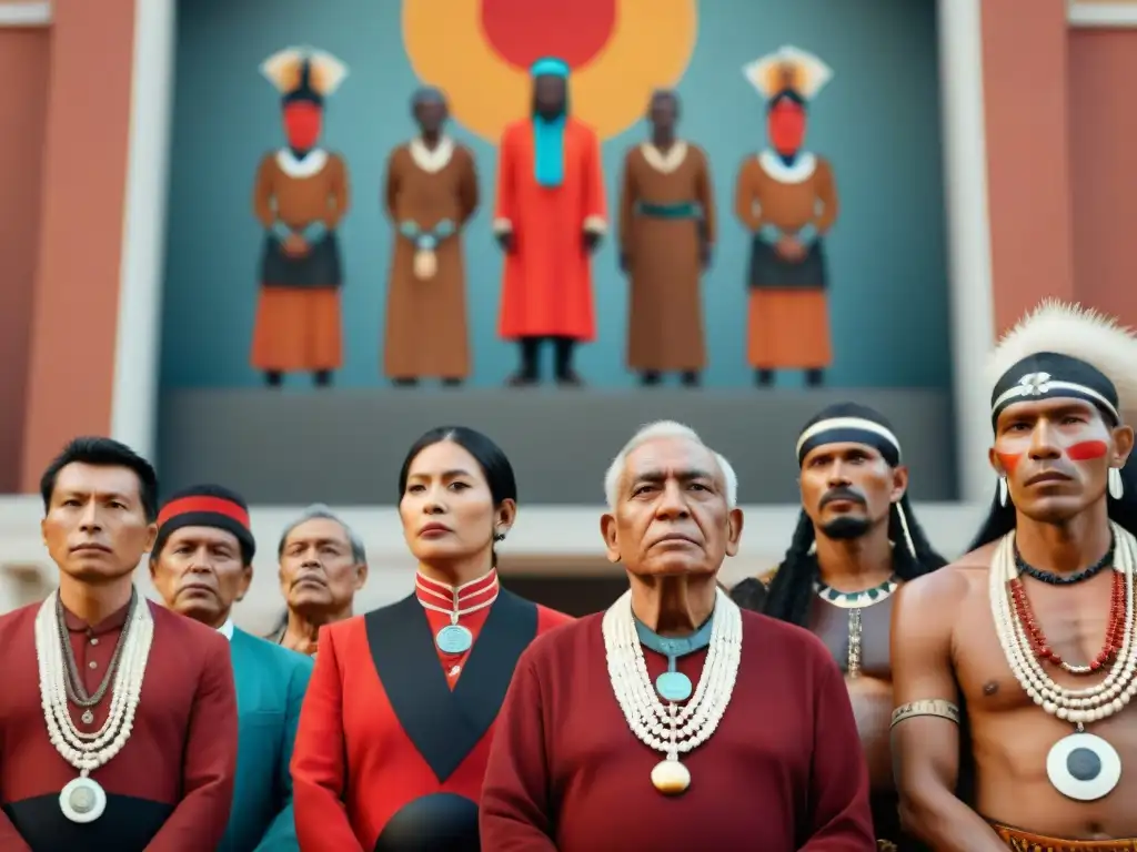 Un grupo de ancianos indígenas en ceremonia frente a un imponente museo, expresando determinación y reverencia