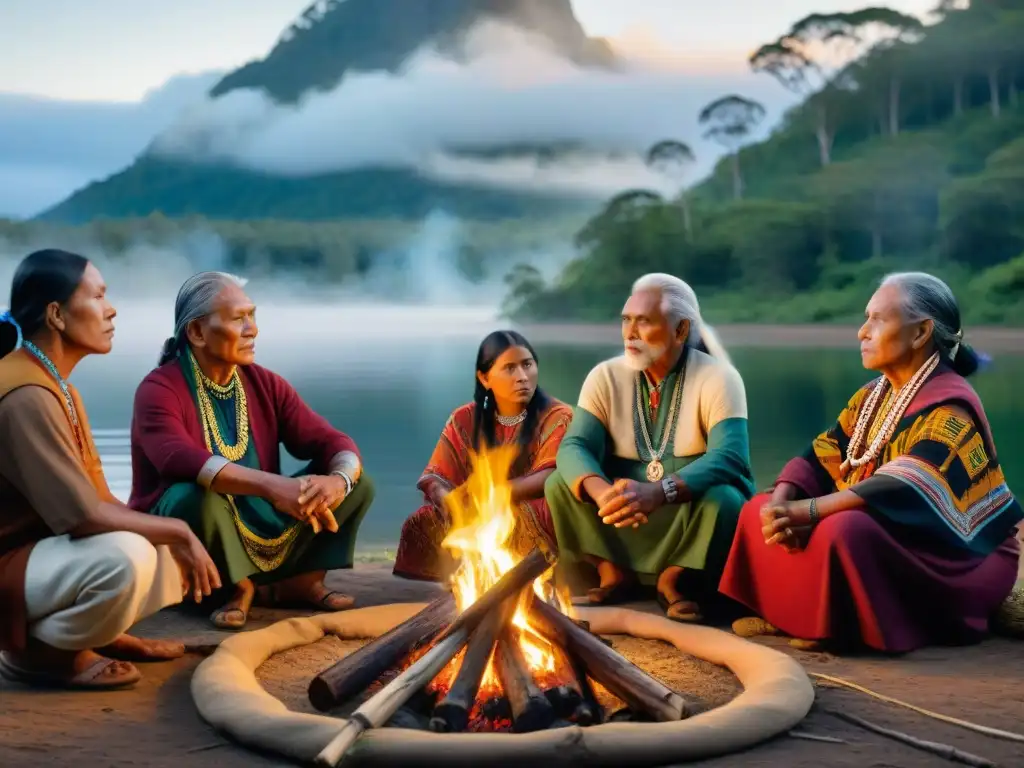 Un grupo de ancianos indígenas realizando una ceremonia tradicional alrededor del fuego en la selva, reflejando sabiduría y espiritualidad