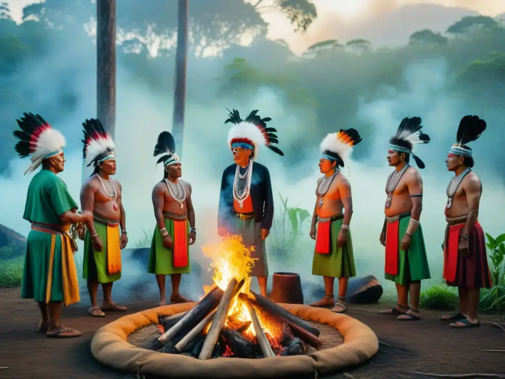 Un grupo de ancianos indígenas participa en una ceremonia tradicional alrededor del fuego en la selva