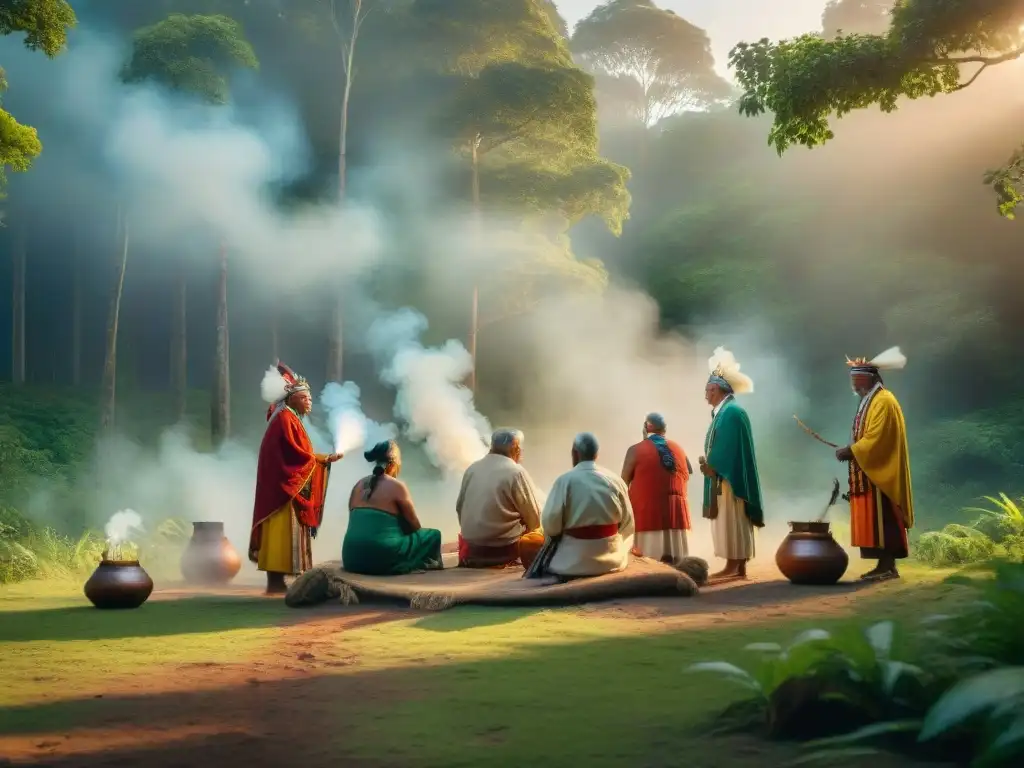 Grupo de ancianos indígenas realizando una ceremonia sagrada en el bosque