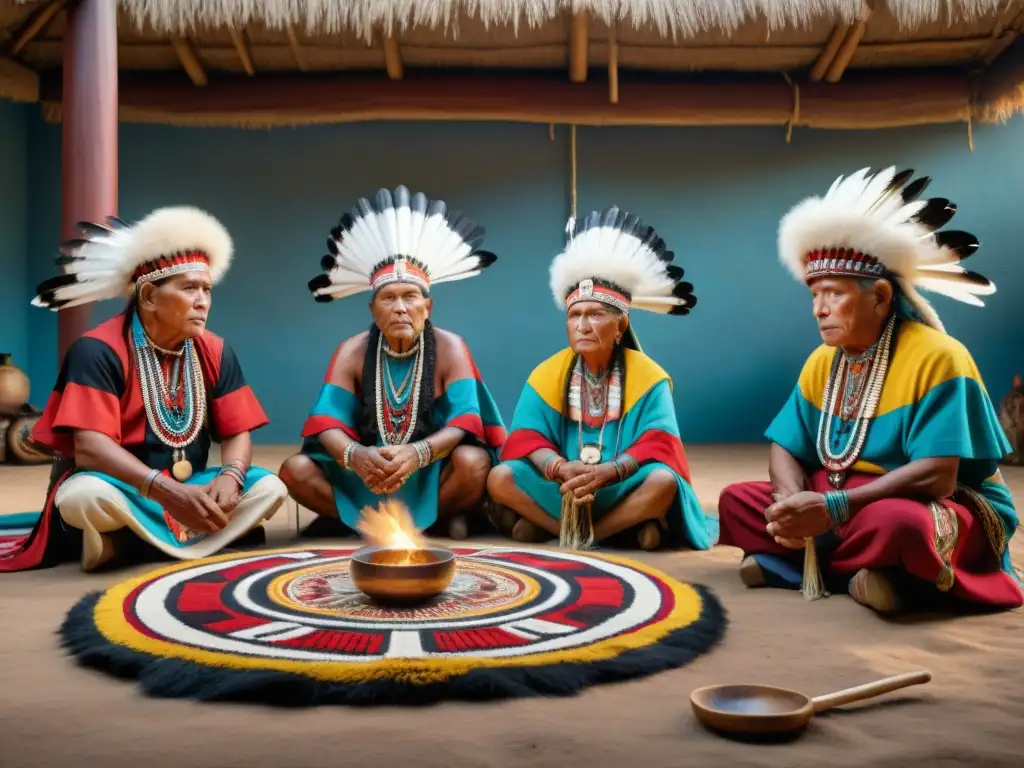 Un grupo de ancianos indígenas realiza una ceremonia con arte y colores vibrantes, transmitiendo la importancia de la repatriación de arte indígena