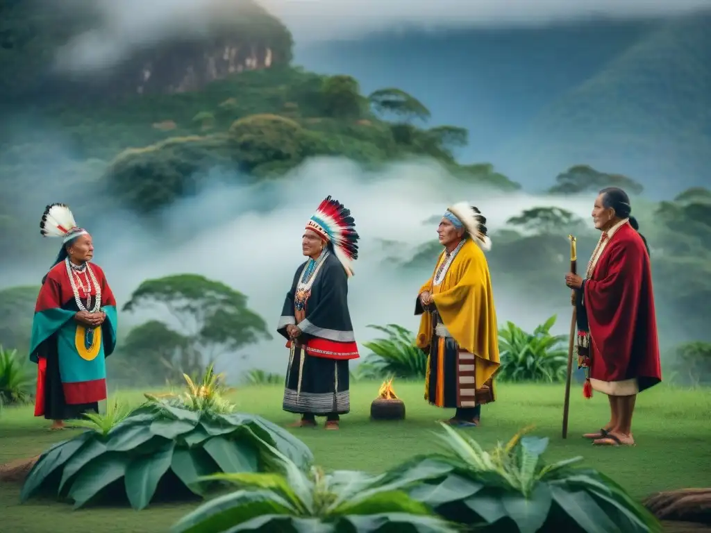 Un grupo de ancianos indígenas realiza una ceremonia para repatriar restos ancestrales, rodeados de naturaleza exuberante al atardecer