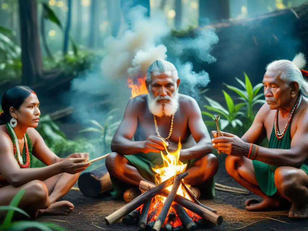 Grupo de ancianos indígenas realizando ceremonia de fuego en la selva, prácticas indígenas fortalecer voluntad