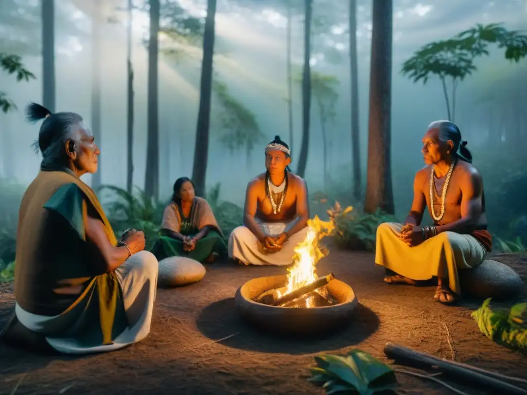 Un grupo de ancianos indígenas lidera una ceremonia espiritual al amanecer en un bosque místico, iluminados por la luz dorada del sol