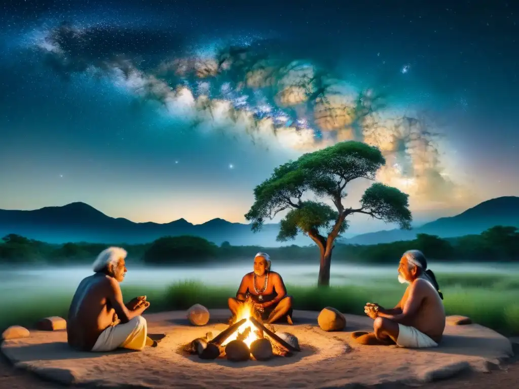 Conexión ancestral: Ceremonia bajo las estrellas con sabios indígenas Grupo de ancianos indígenas en ceremonia alrededor del fuego, conectados con los astros en la espiritualidad indígena