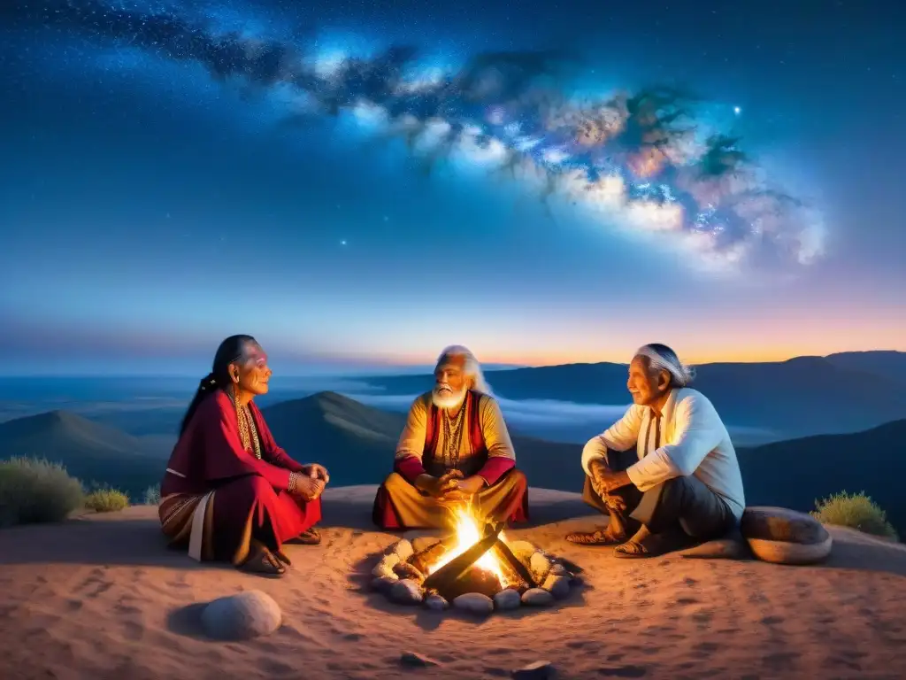 Sabiduría ancestral bajo las estrellas Grupo de ancianos indígenas en la cima de una colina, bajo un cielo estrellado