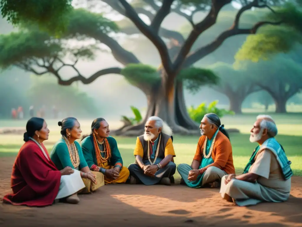 Conversación ancestral: sabiduría y tradición de indígenas bajo un árbol centenario Un grupo de ancianos indígenas en un círculo bajo un árbol ancestral, resplandeciendo sabiduría y cultura