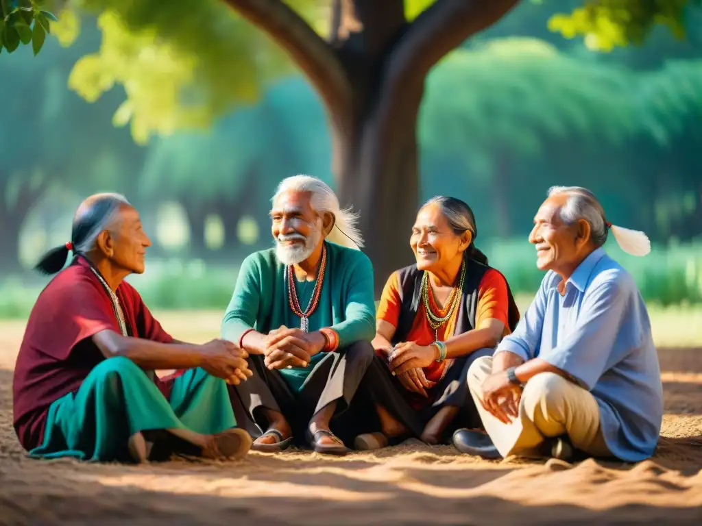 Grupo de ancianos indígenas en círculo bajo un árbol, compartiendo sabiduría y cultura