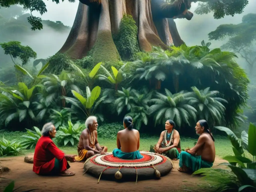 Grupo de ancianos indígenas en círculo bajo un árbol en selva, intercambiando sabiduría y cultura, rodeados de exuberante vegetación