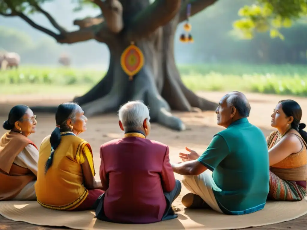 Un grupo de ancianos indígenas en círculo bajo un árbol frondoso, discutiendo animadamente