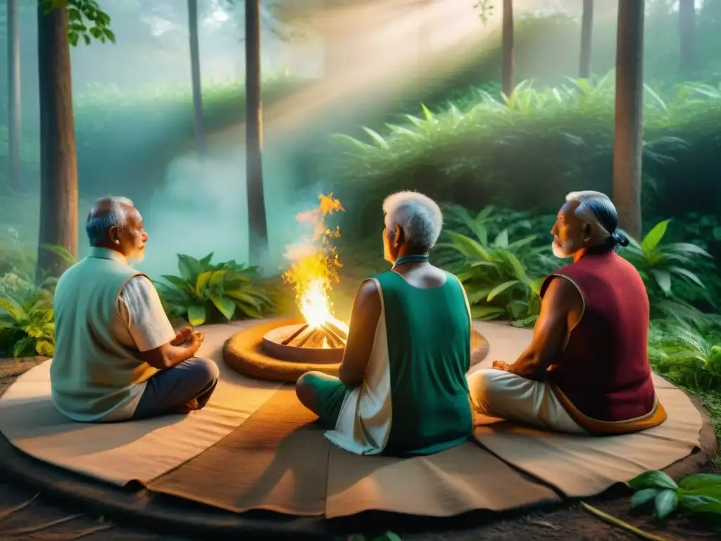 Grupo de ancianos indígenas meditando en un claro forestal, en un ritual sagrado