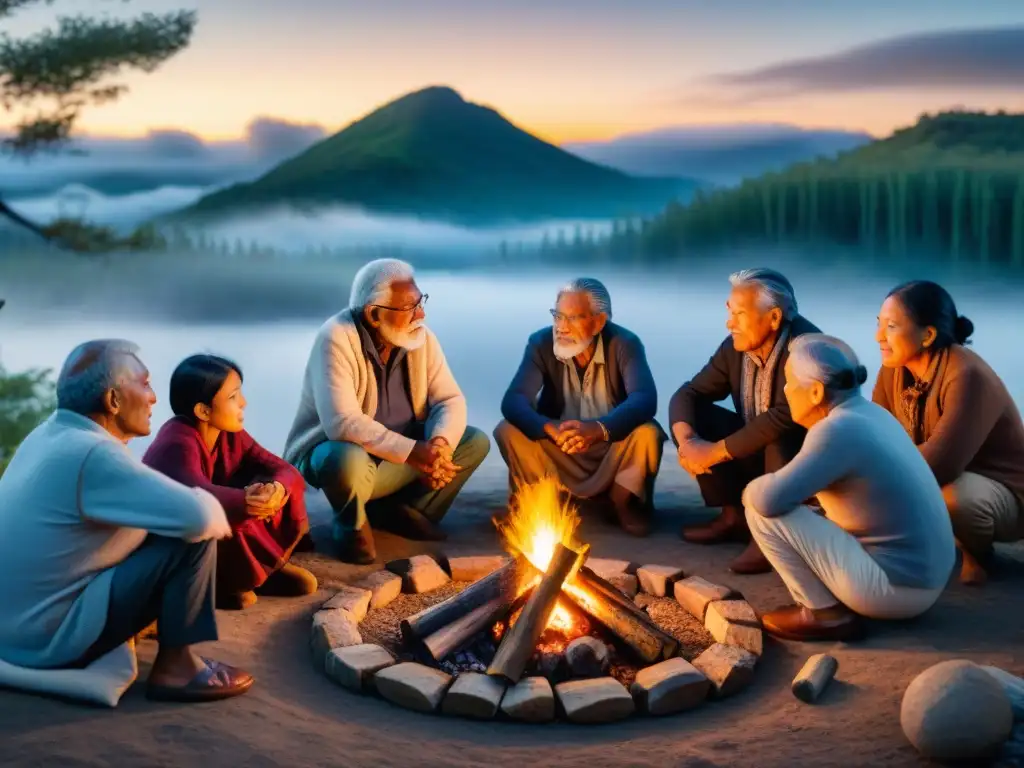 Un grupo de ancianos indígenas transmite cuentos a niños alrededor del fuego en un claro del bosque, capturando la tradición generacional