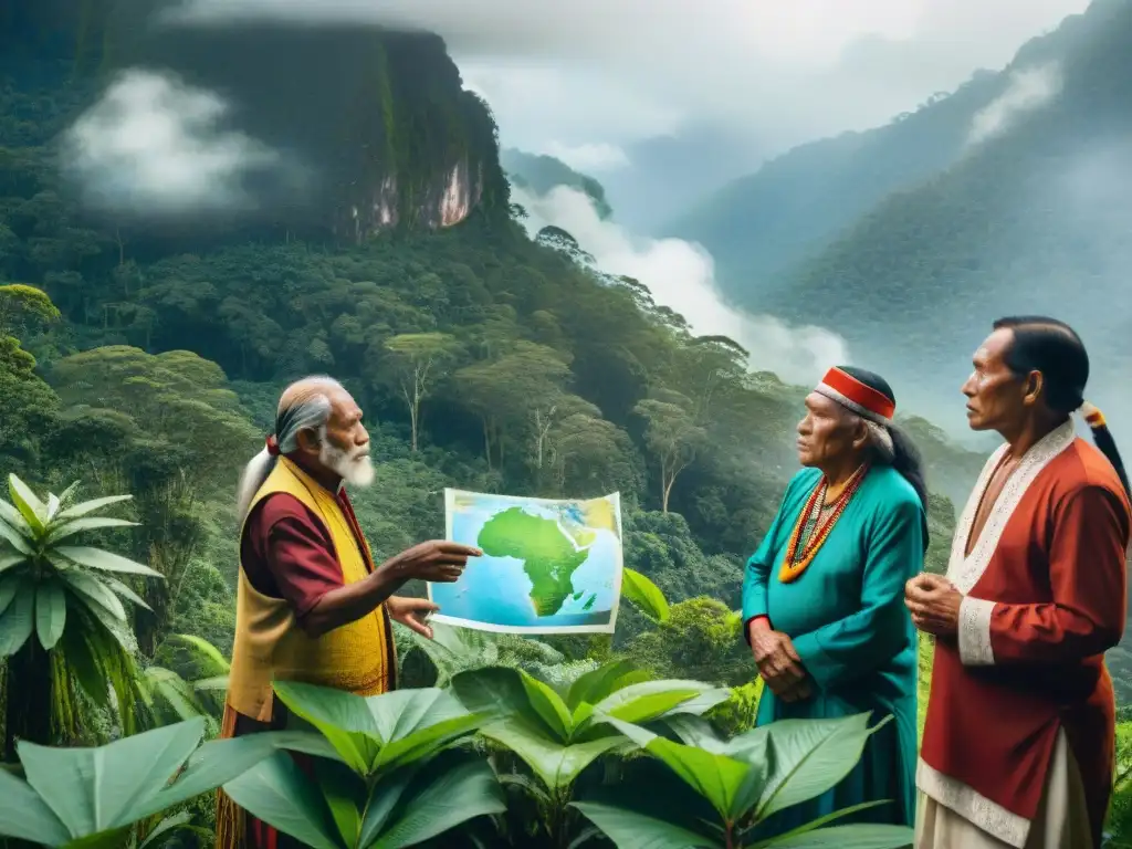 Grupo de ancianos indígenas discutiendo estrategias indígenas cambio climático en la selva verde