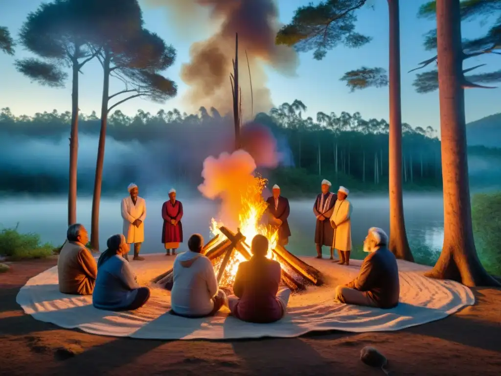 Un grupo de ancianos indígenas se reúne alrededor de una fogata en el bosque, en una ceremonia tradicional