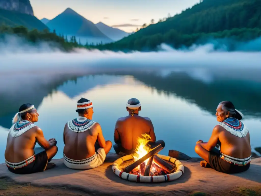 Grupo de ancianos indígenas alrededor de fogata sagrada, reflejando sabiduría y resiliencia en paisaje ancestral