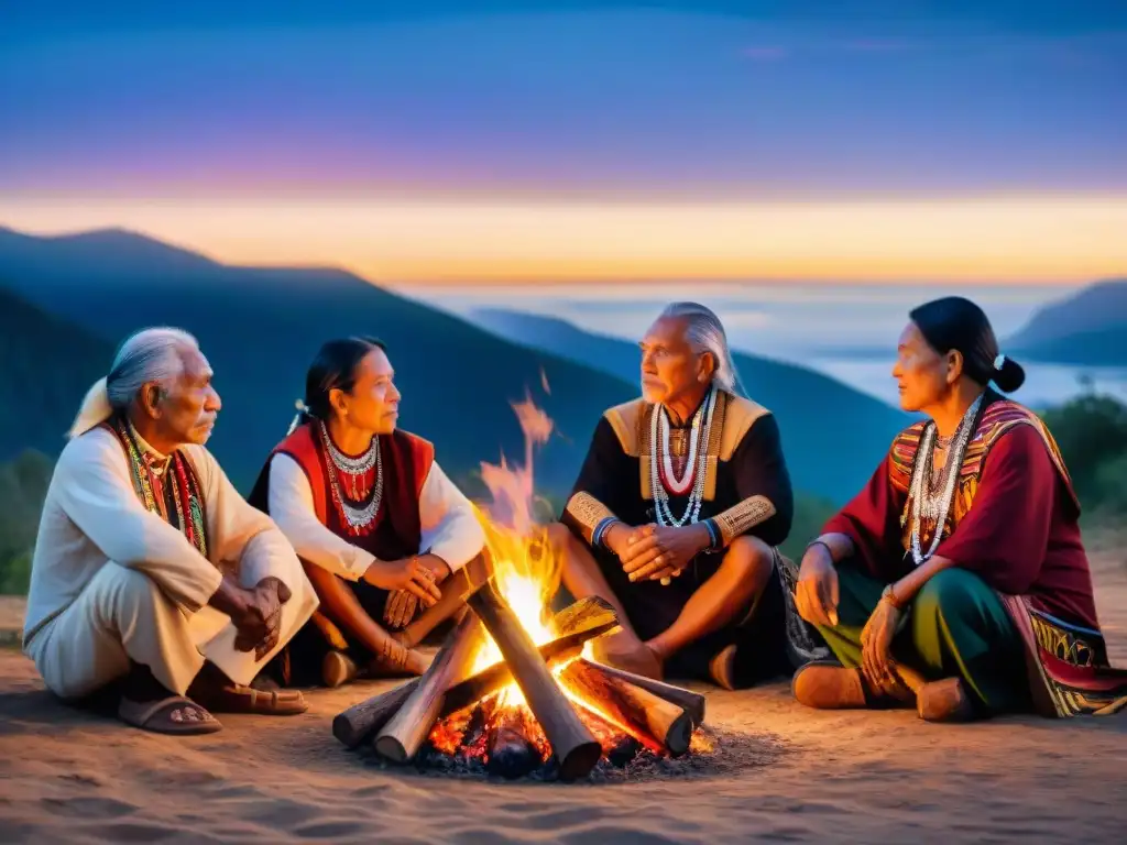 Un grupo de ancianos indígenas se reúne alrededor de una fogata, vistiendo atuendos tradicionales con patrones coloridos