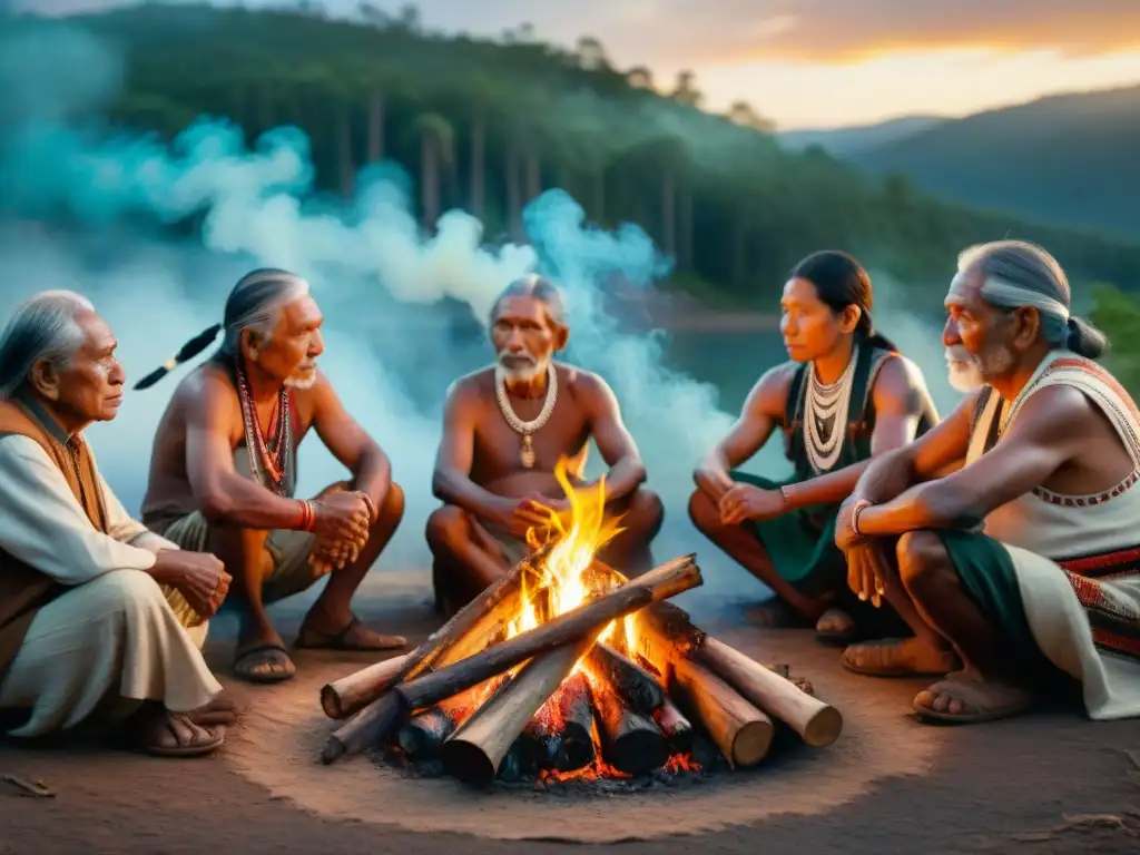 Grupo de ancianos indígenas alrededor de una fogata, compartiendo historias y tradiciones