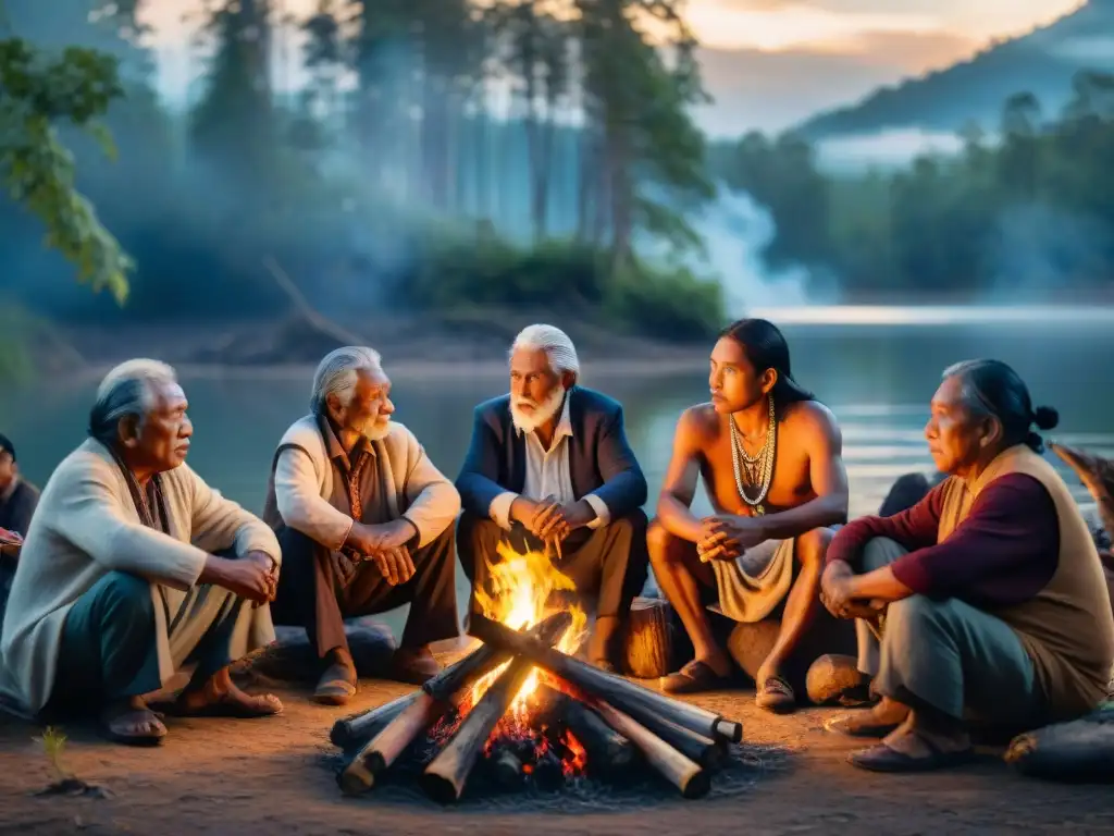 Un grupo de ancianos indígenas se reúne alrededor de una fogata en el bosque, compartiendo historias