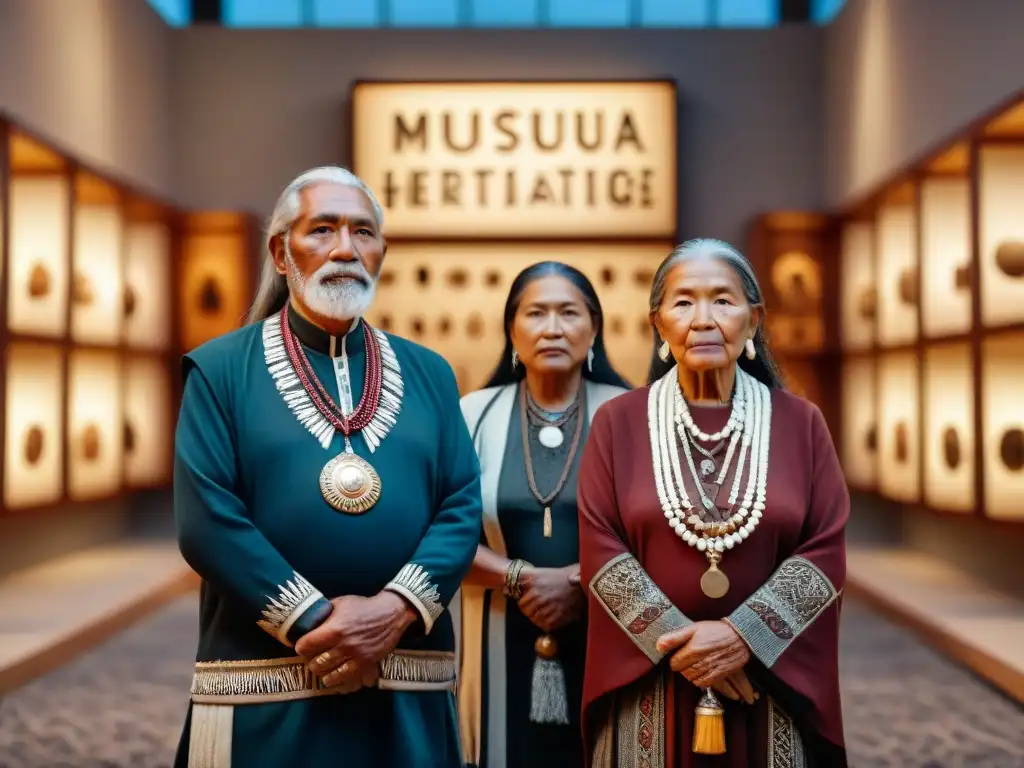 Un grupo de ancianos indígenas frente a una exhibición de arte, con expresiones de dolor y determinación