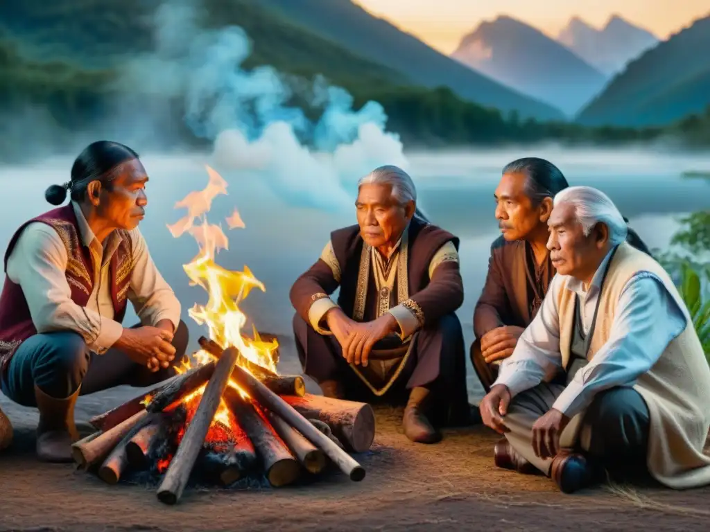 Grupo de ancianos indígenas alrededor del fuego, transmitiendo legado educativo de pueblos indígenas en la naturaleza