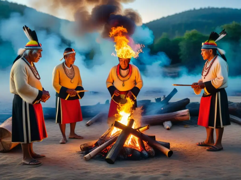 Un grupo de ancianos indígenas se reúnen alrededor del fuego sagrado en rituales indígenas, iluminando sus rostros en la noche de la selva