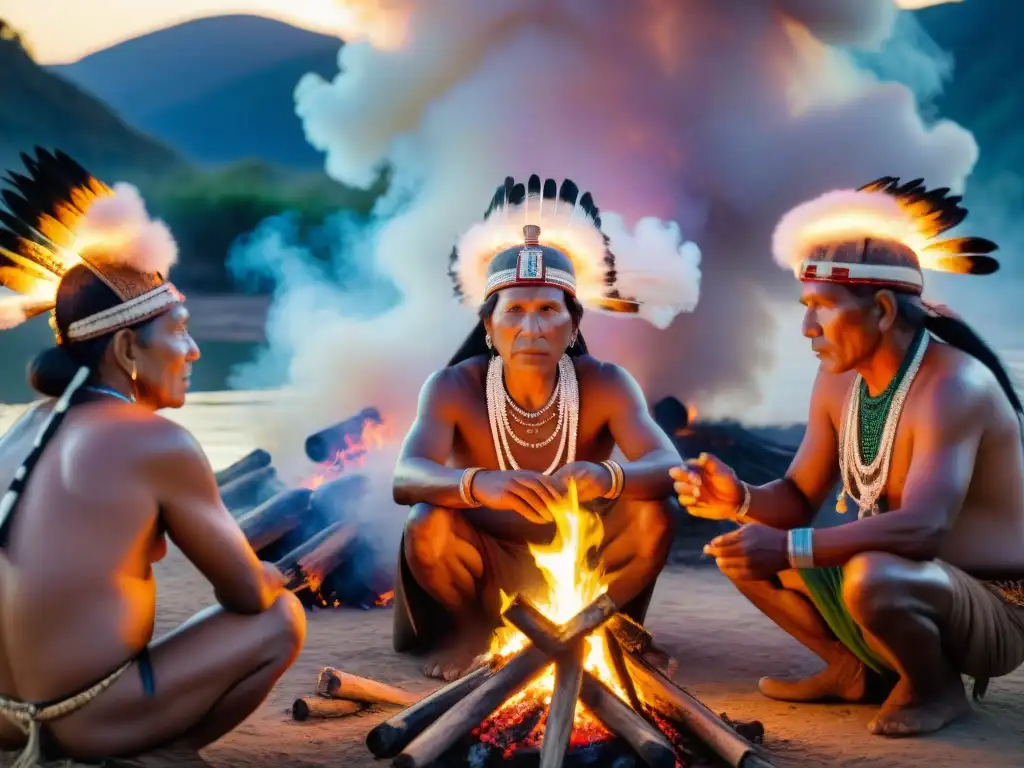 Un grupo de ancianos indígenas se reúne alrededor de un fuego sagrado en rituales, iluminados por las llamas danzantes