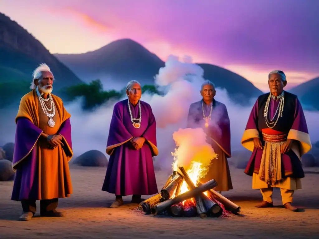 Grupo de ancianos indígenas alrededor de fuego ceremonial al atardecer, expresando solemnidad y sabiduría