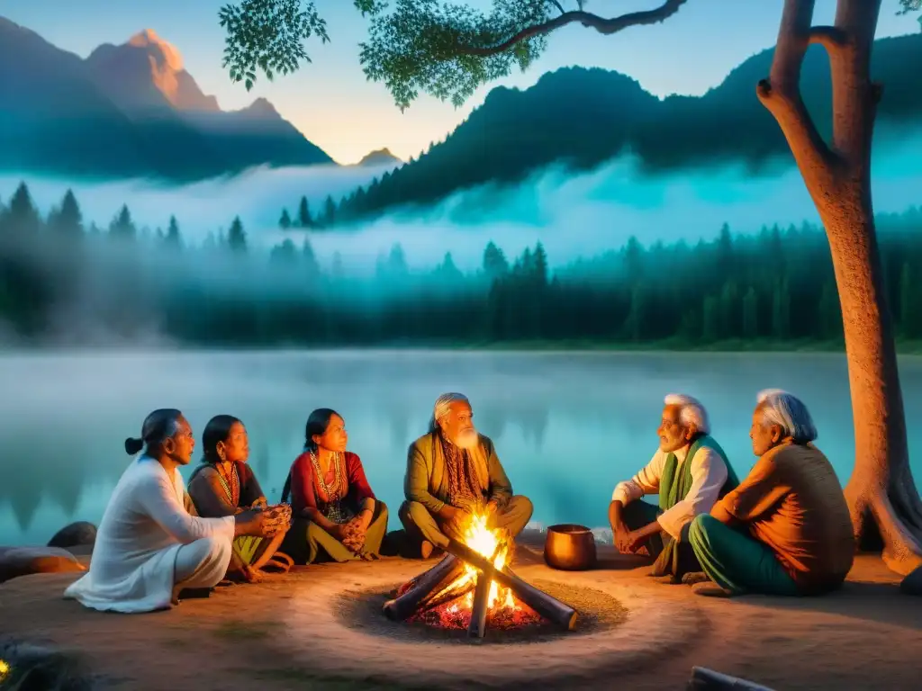 Consejo ancestral en la selva: sabiduría y resiliencia Un grupo de ancianos indígenas se reúne alrededor del fuego en un bosque antiguo, reflejando sabiduría y conexión espiritual