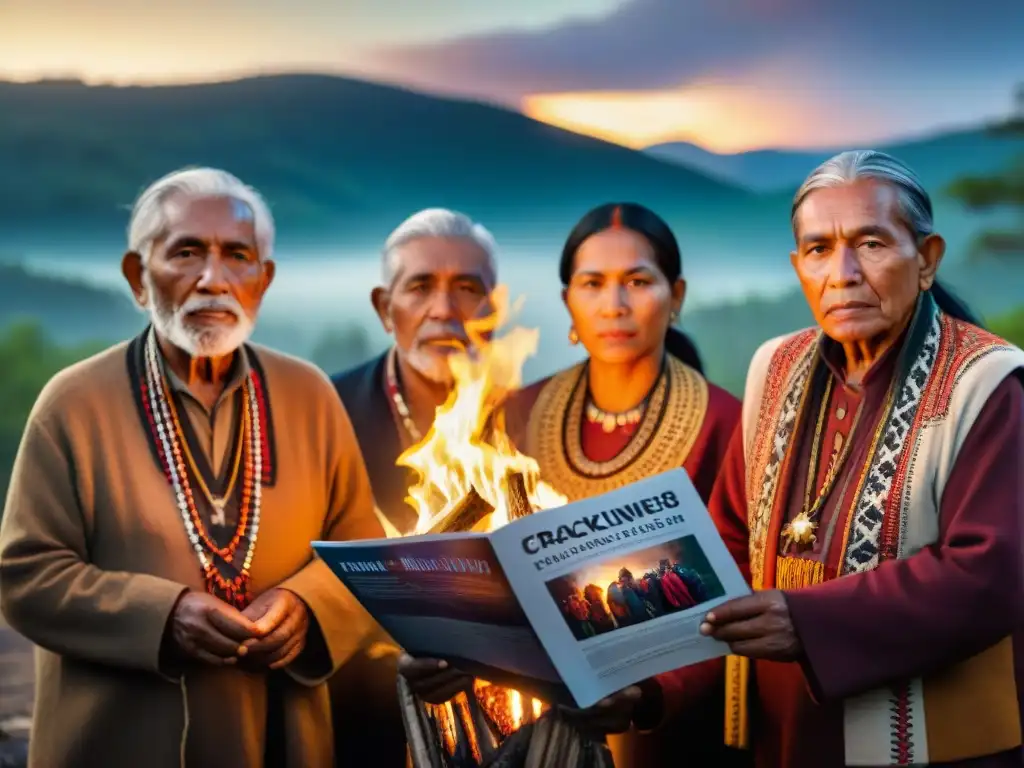 Grupo de ancianos indígenas alrededor del fuego, con revistas indígenas de historia y luchas contemporáneas