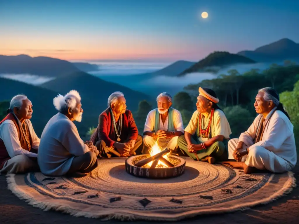 Grupo de ancianos indígenas alrededor del fuego, tocando instrumentos tradicionales en la selva, con la luna brillando