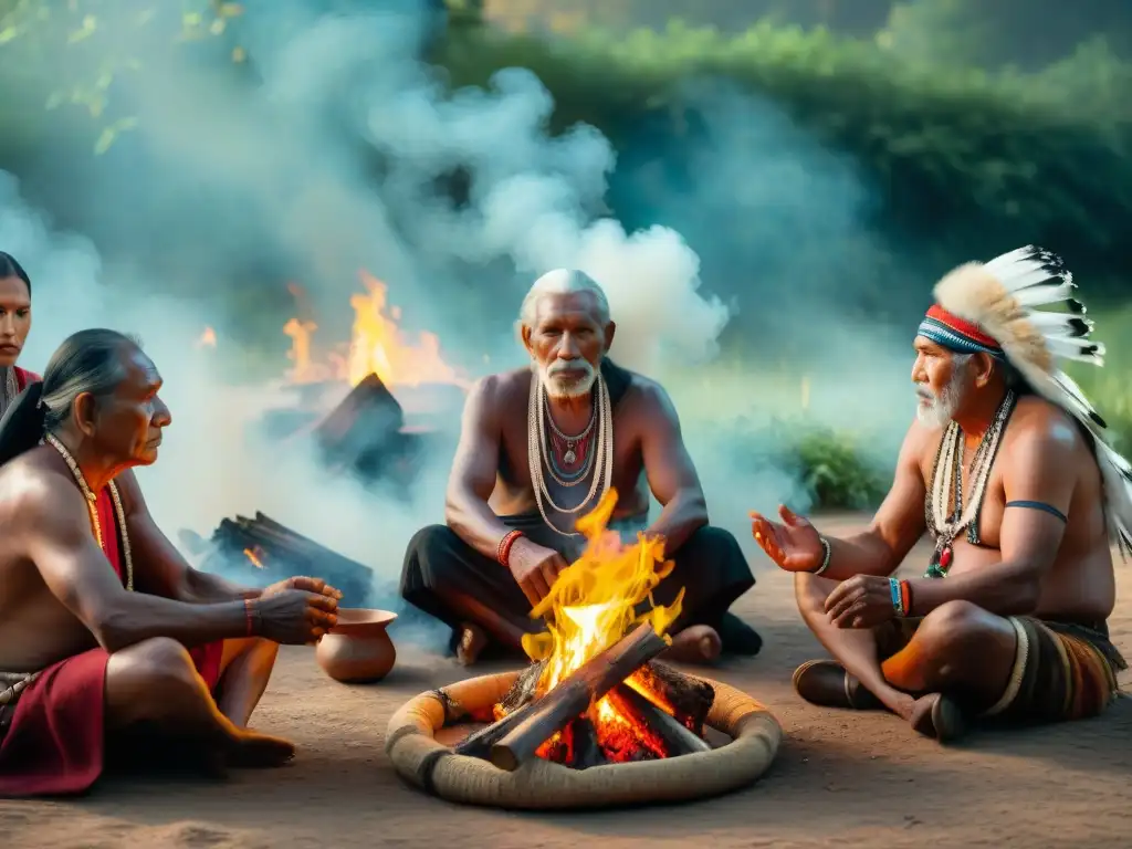 Un grupo de ancianos indígenas se reúne alrededor del fuego en un ritual sagrado en medio de la naturaleza