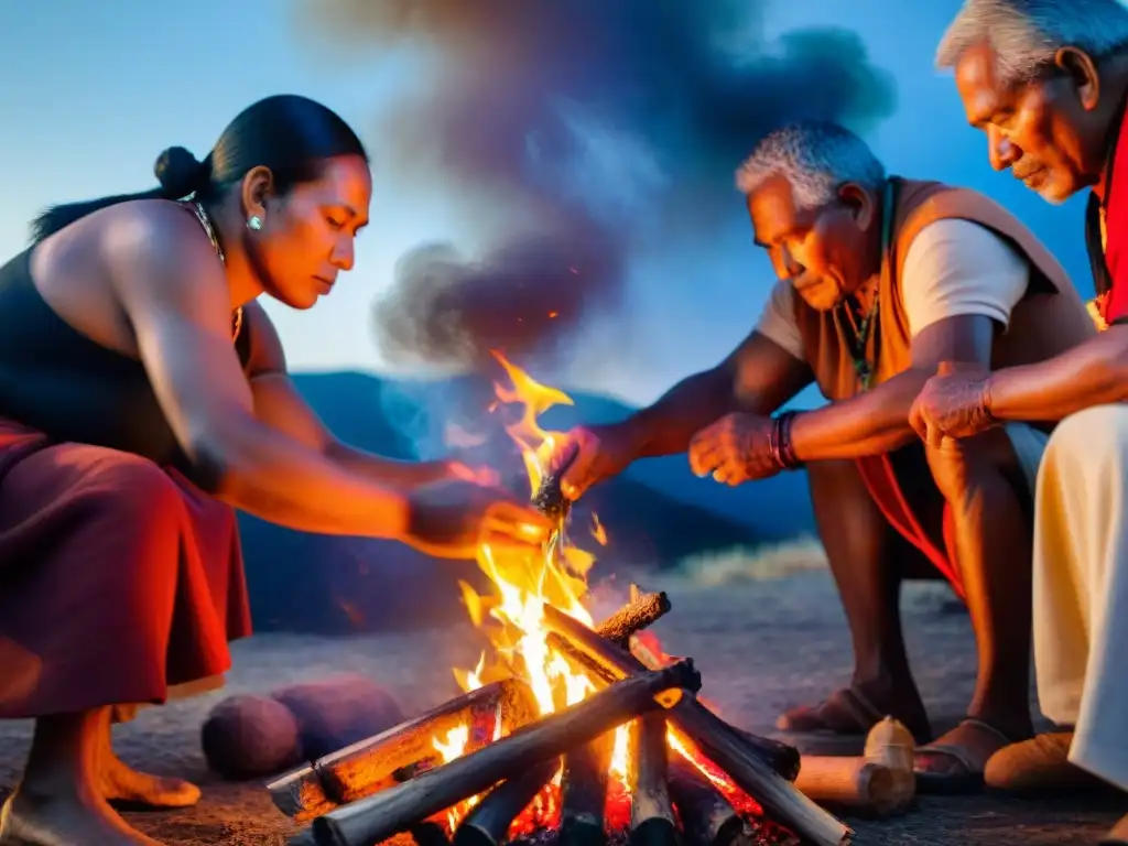 Grupo de ancianos indígenas cuidando un fuego ceremonial, con llamas vibrantes que simbolizan el profundo significado del fuego en ceremonias