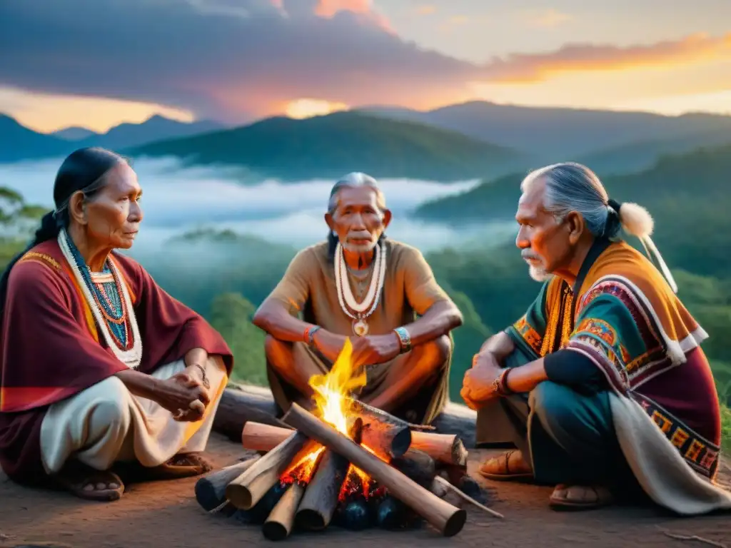 Un grupo de ancianos indígenas en un fuego sagrado en un retiro espiritual, con atuendos tradicionales y expresiones de sabiduría ancestral