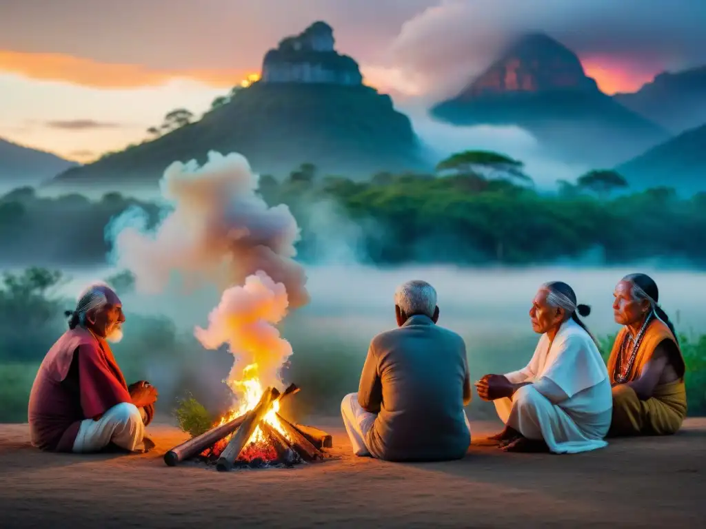 Un grupo de ancianos indígenas se reúne alrededor del fuego sagrado en un ritual ceremonial en el bosque