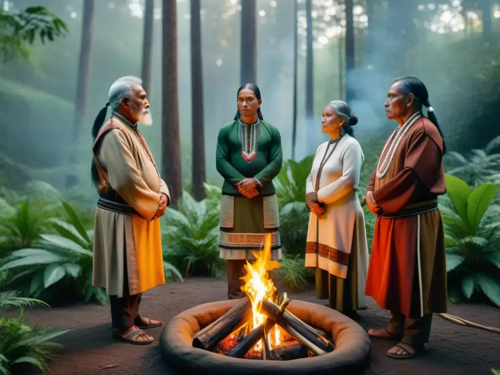 Grupo de ancianos indígenas en oración alrededor de un fuego sagrado en el bosque, reflejando la preservación de sitios sagrados indígenas