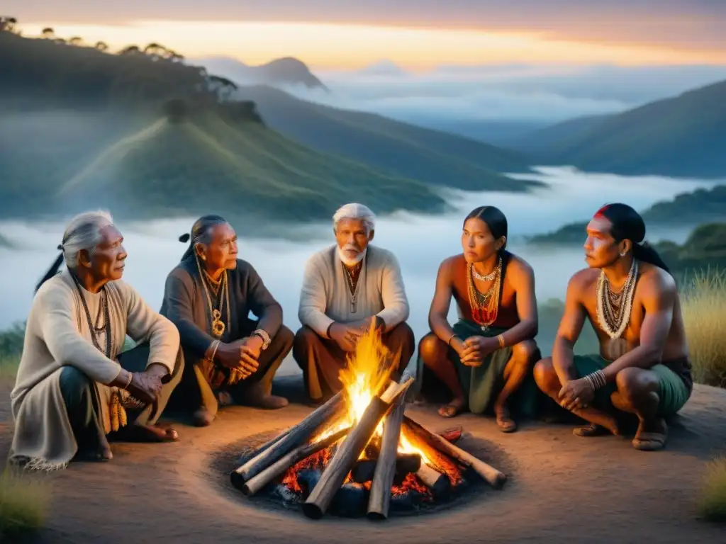 Un grupo de ancianos indígenas alrededor de un fuego sagrado, con símbolos tradicionales