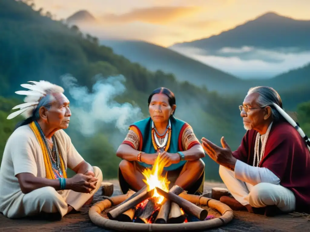 Grupo de ancianos indígenas compartiendo historias alrededor del fuego, en un bosque estrellado