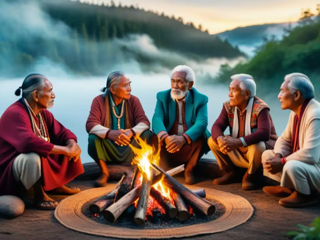 Grupo de ancianos indígenas comparten historias alrededor del fuego, en una escena de transformación oralidad literatura indígena