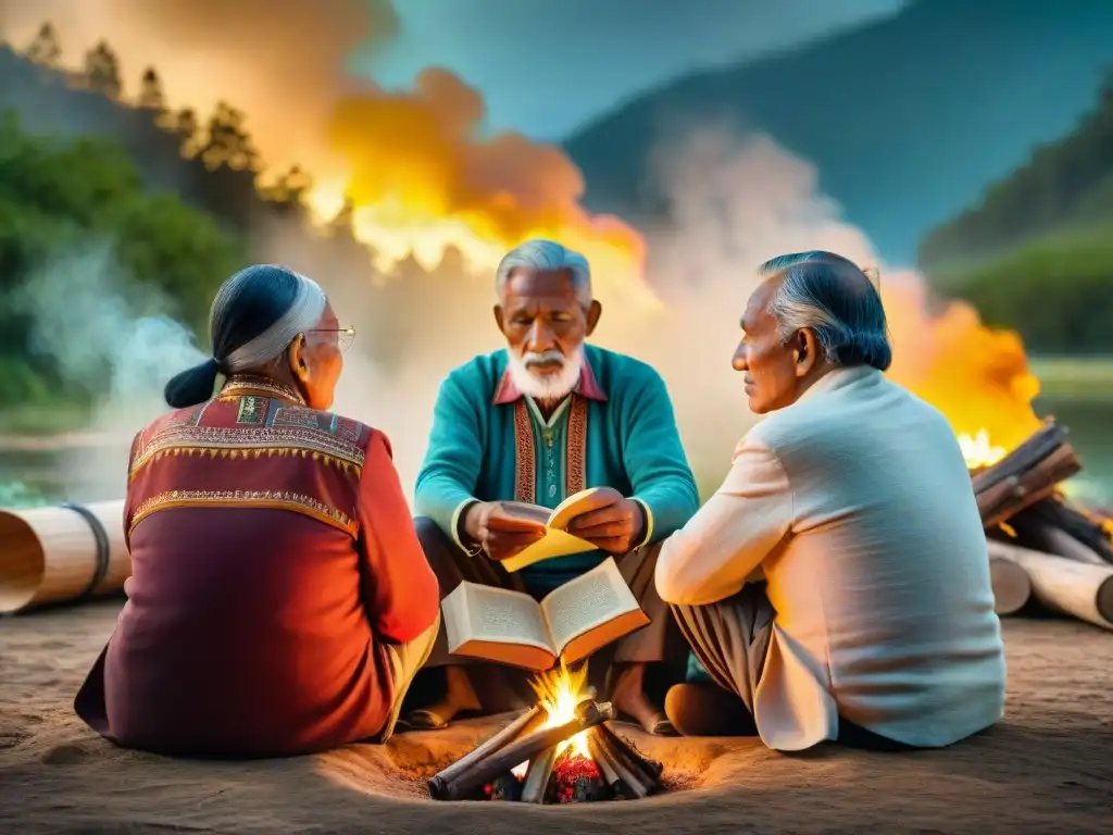 Grupo de ancianos indígenas compartiendo historias alrededor de una fogata, con literatura indígena tradiciones ancestrales